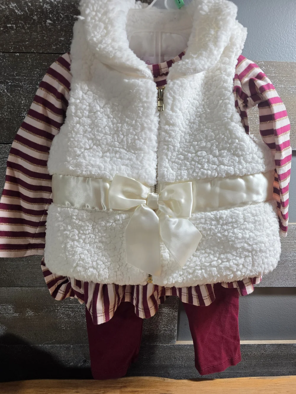 Bonnie Baby White Sherpa Vest with Satin Bow and Berry Striped Top Set